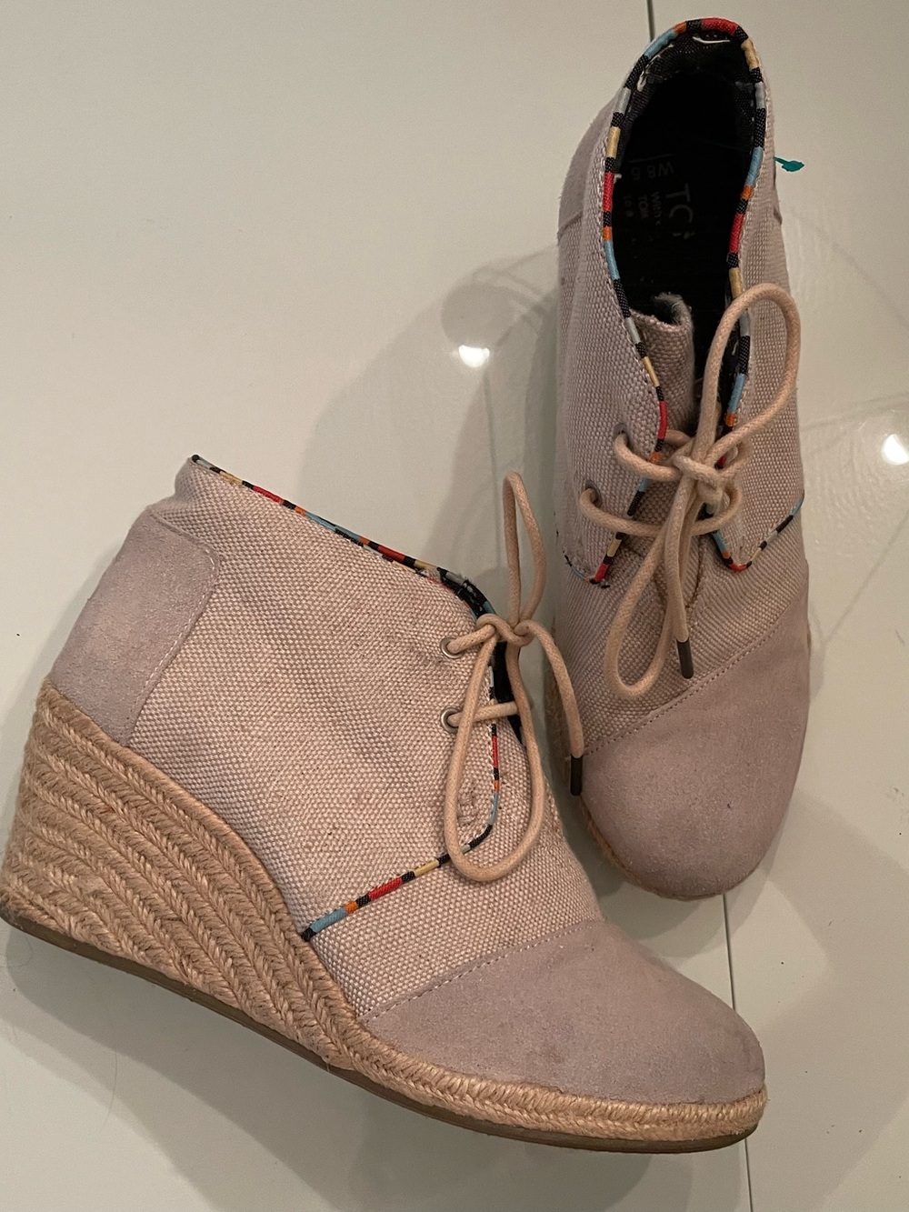 Toms Beige Lace-Up Espadrille Wedge Ankle Boots
